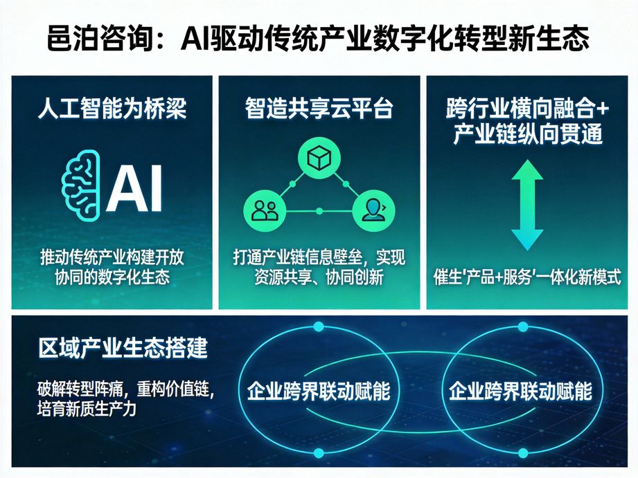 聚焦數(shù)字時代企業(yè)發(fā)展需求，邑泊咨詢將人工智能融入數(shù)字化轉(zhuǎn)型全流程，為客戶打造高價值的轉(zhuǎn)型方案。