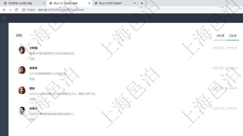項目管理軟件商業(yè)計劃管理總經(jīng)理儀表盤討論區(qū)包括待處理和已批準業(yè)務討論，決策、會議與行動區(qū)包括待批準與已完成項目列表。公司發(fā)展里程碑包括歷史上的里程碑記錄，公司發(fā)生事件時間線記錄了公司發(fā)展關鍵事件。同時，商業(yè)計劃管理總經(jīng)理儀表盤還可以查看銷售經(jīng)理績效與客戶支持情況。