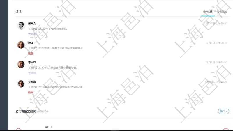 項(xiàng)目管理軟件人力資源管理總經(jīng)理儀表盤可以查看業(yè)務(wù)討論，比如業(yè)務(wù)溝通、資金流動(dòng)，同時(shí)也可以查看預(yù)警與審批，比如預(yù)警和審批。可以使用餅圖查看工種比率和公司部門。
