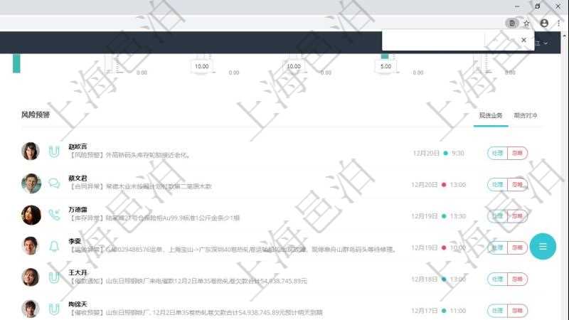 項目管理軟件現(xiàn)貨管理總經(jīng)理儀表盤種類比率餅圖顯示不同品種合同金額分布?？蛻艉贤瀳D顯示不同合同金額分布。業(yè)務(wù)處理可以進行現(xiàn)貨業(yè)務(wù)及期貨對沖。風(fēng)險預(yù)警包括現(xiàn)貨業(yè)務(wù)與期貨對沖。