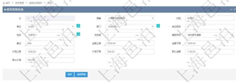 通過項目管理軟件財務(wù)管理系統(tǒng)，可以修改差旅標準信息字段數(shù)據(jù)：差旅標準代碼、單位、部門、崗位級別、地點、優(yōu)先級、差旅項目、備注、金額上限、金額下限、價格上限、價格下限、默認金額、默認價格。