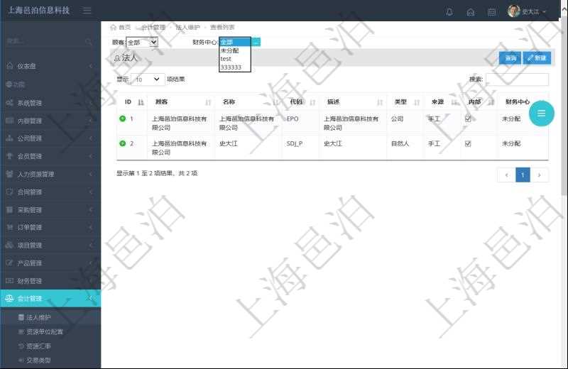 法人維護是項目管理軟件會計管理的一個功能。通過法人維護可以查詢到法人詳細信息，比如：法人名稱、代碼、描述、類型、來源、是否集團內部法人、法人財務中心等信息。