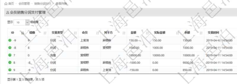 會(huì)員或銷售通過(guò)項(xiàng)目管理軟件會(huì)員管理系統(tǒng)錄入會(huì)員充值流水后，系統(tǒng)會(huì)根據(jù)分潤(rùn)配置自動(dòng)生成多級(jí)會(huì)員分潤(rùn)流水。分潤(rùn)支付與分潤(rùn)收到都會(huì)生成金額相同、方向相反的分潤(rùn)流水。