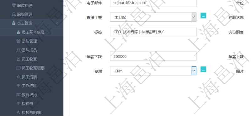 項(xiàng)目管理軟件人力資源管理模塊可以維護(hù)修改員工基本信息資料，比如：姓名、代碼、描述、財(cái)務(wù)人、登錄賬戶、工號(hào)、性別、生日、入職日期、學(xué)歷、崗位、職稱、電話、傳真、電子郵件、單位、部門、直接主管、在職狀態(tài)、負(fù)責(zé)領(lǐng)域、標(biāo)簽、崗位職責(zé)、自我介紹、年薪下限、年薪上限、年成本、資源、照片等。