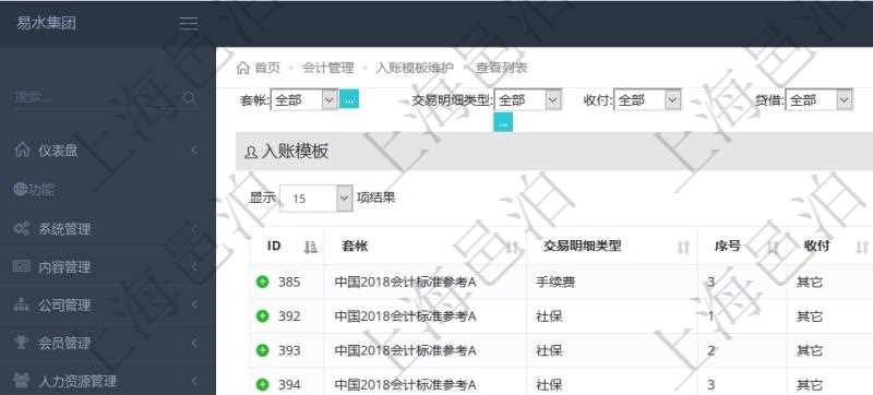 在項(xiàng)目管理軟件會(huì)計(jì)管理系統(tǒng)里，可通過(guò)入賬模板維護(hù)列表返回的信息有套賬、交易明細(xì)類(lèi)型、序號(hào)、收付標(biāo)志、借貸標(biāo)志、科目、入賬比率、說(shuō)明。
