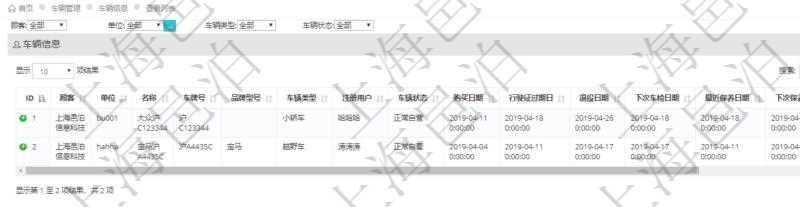 在項目管理軟件車輛管理中查詢車輛信息列表返回：單位、車輛名稱、車牌號、品牌型號、車輛類型、注冊用戶、車輛狀態(tài)、購買日期、行駛證過期日、退役日期、下次車檢日期、最近保養(yǎng)日期、下次保養(yǎng)日期、行駛里程等。