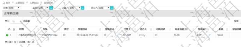 在項目管理軟件車輛管理系統(tǒng)中查詢車輛加油列表返回車輛、備注、加油時間、主管人、經(jīng)辦人、司機(jī)姓名、剩余油量、加油量、金額、加油品種、油價。