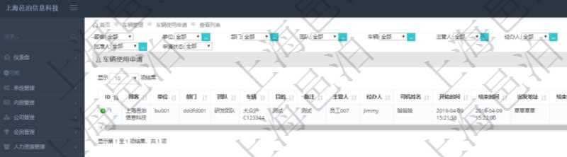 在項目管理軟件車輛管理系統(tǒng)中查詢車輛使用申請列表返回單位、部門、團(tuán)隊、車輛、目的、備注、主管人、經(jīng)辦人、司機(jī)姓名、開始時間、結(jié)束時間、出發(fā)地址、結(jié)束地址、預(yù)計里程、申請人、批準(zhǔn)人。
