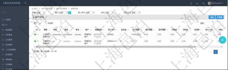 在項目管理軟件CRM客戶關(guān)系管理系統(tǒng)中查詢客戶項目列表返回：項目標題、項目描述、項目備注、創(chuàng)建時間、錄入用戶、項目優(yōu)先級、估計預(yù)算、確認預(yù)算、簽約預(yù)算、已收款、待收款、完成度、估計人時、實際人時、貨幣單位、項目狀態(tài)。