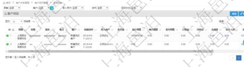 在項目管理軟件CRM客戶關(guān)系管理系統(tǒng)中查詢客戶項目列表返回：項目標(biāo)題、項目描述、項目備注、創(chuàng)建時間、錄入用戶、項目優(yōu)先級、估計預(yù)算、確認(rèn)預(yù)算、簽約預(yù)算、已收款、待收款、完成度、估計人時、實際人時、貨幣單位、項目狀態(tài)。