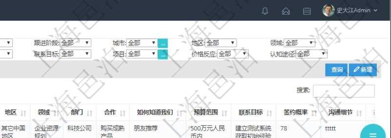 在項目管理軟件CRM客戶關(guān)系管理系統(tǒng)中查詢返回的客戶拜訪列表字段信息有：潛在客戶、來訪方式、跟進級別、跟進階段、城市、地區(qū)、領(lǐng)域、部門、合作方式、如何知道我們、預算范圍、聯(lián)系目標、簽約概率、溝通細節(jié)等。