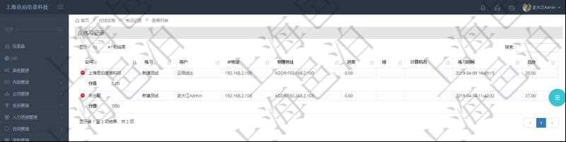 在項目管理軟件在線試卷模塊查詢聯(lián)系記錄返回：公司、練習(xí)、用戶、IP地址、物理地址、進度、域、計算機名、練習(xí)時間、總分、分值等信息。