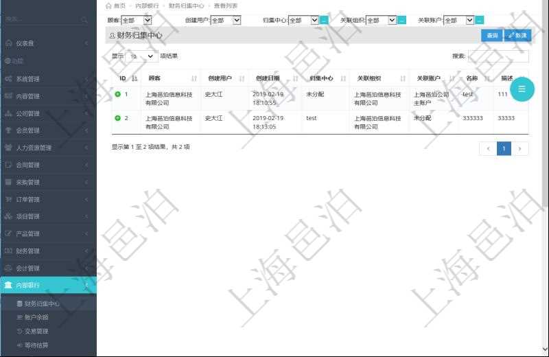 項目管理軟件有內(nèi)部銀行的功能模塊，通過查詢財務(wù)歸集中心，可以查到財務(wù)中心信息，比如：財務(wù)歸集中心創(chuàng)建用戶、創(chuàng)建日期、財務(wù)歸集中心名稱、關(guān)聯(lián)組織、關(guān)聯(lián)賬戶、名稱、描述等。