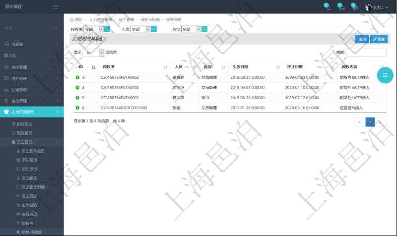 在項目管理軟件人力資源模塊，查詢授權書明細信息返回授權書、人員、崗位、生效日期、終止日期及授權內容。