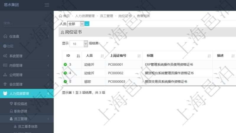 在項(xiàng)目管理軟件人力資源模塊，查詢崗位證書(shū)信息返回人員、上崗證編號(hào)、標(biāo)題、描述、生效日期、終止日期等。