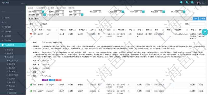項目管理軟件人力資源管理模塊查詢列表可以查詢返回員工基本信息資料，比如：姓名、代碼、描述、財務(wù)人、登錄賬戶、工號、性別、生日、入職日期、學歷、崗位、職稱、電話、傳真、電子郵件、單位、部門、直接主管、在職狀態(tài)、負責領(lǐng)域、標簽、崗位職責、自我介紹、年薪下限、年薪上限、年成本、資源、照片等。