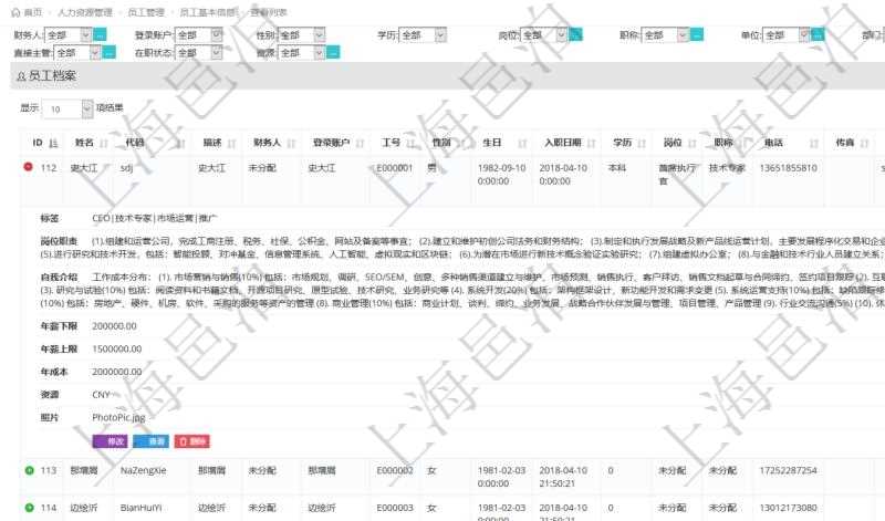 項目管理軟件人力資源管理模塊查詢列表可以查詢返回員工基本信息資料，比如：姓名、代碼、描述、財務人、登錄賬戶、工號、性別、生日、入職日期、學歷、崗位、職稱、電話、傳真、電子郵件、單位、部門、直接主管、在職狀態(tài)、負責領(lǐng)域、標簽、崗位職責、自我介紹、年薪下限、年薪上限、年成本、資源、照片等。