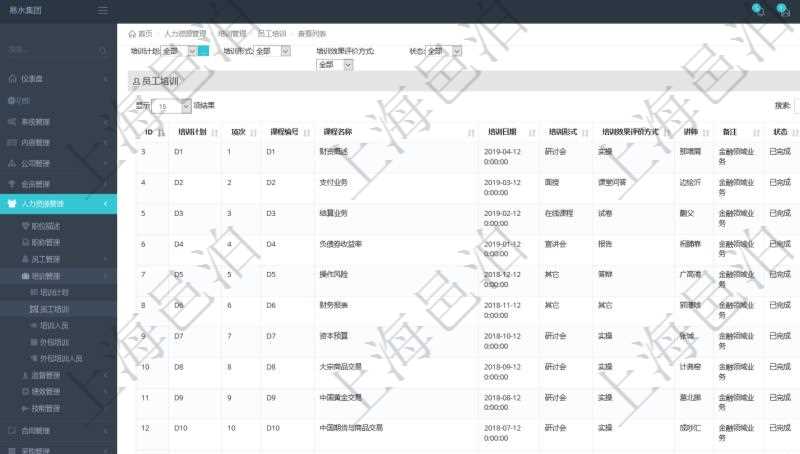 在項目管理軟件人力資源模塊，查詢員工培訓信息返回培訓計劃、項次、課程編號、課程名稱、培訓日期、培訓形式、培訓效果評價方式、講師、備注、狀態(tài)等。