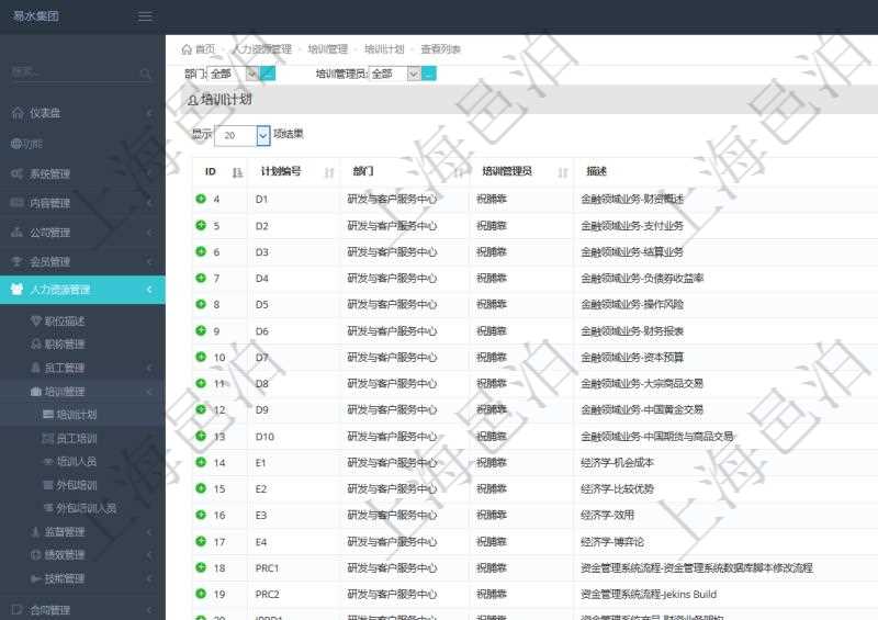 在項目管理軟件人力資源模塊，查詢培訓(xùn)計劃信息返回計劃編號、部門、培訓(xùn)管理員、描述等信息。
