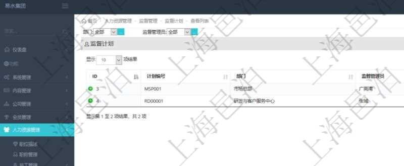 在項(xiàng)目管理軟件人力資源模塊，查詢監(jiān)督計(jì)劃信息返回計(jì)劃編號(hào)、部門、監(jiān)督管理員及描述等。