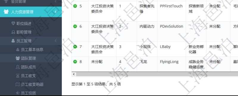 項目管理軟件人力資源管理團隊管理查看列表可以查詢到團隊檔案詳細信息，比如：上級團隊、序號、團隊名稱、團隊描述、財務人、登錄賬戶、組長、單位、部門、直接主管、在職狀態(tài)、負責領域、標簽等。