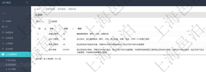 項(xiàng)目管理軟件人力資源管理職稱管理查詢列表可以查詢維護(hù)職稱配置信息，比如包括：ID、名稱、代碼、描述與分類等。
