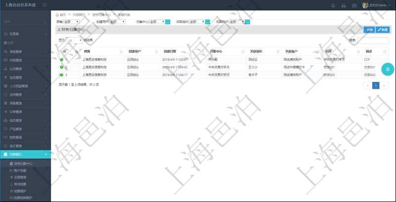 在項目管理軟件內(nèi)部銀行模塊查詢返回的財務(wù)歸集中心字段信息有：創(chuàng)建用戶、創(chuàng)建日期、歸集中心名稱、關(guān)聯(lián)組織、關(guān)聯(lián)賬戶、名稱、描述。
