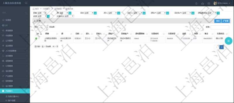 查詢項目管理軟件內部銀行模塊交易管理列表返回的字段信息有：源賬戶、目的賬戶、源人、目的人、源單位、目的單位、源結算明細、交易時間、交易類型、金額、貨幣單位、備注、交易狀態(tài)。