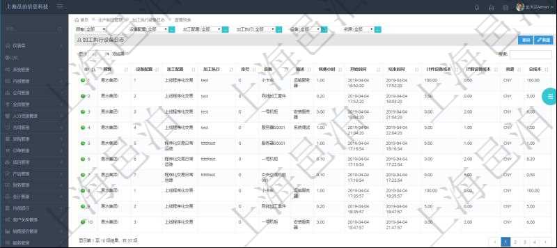 在項(xiàng)目管理軟件MES生產(chǎn)制造管理系統(tǒng)中查詢加工執(zhí)行設(shè)備日志返回設(shè)備配置、加工配置、加工執(zhí)行、序號(hào)、設(shè)備、描述、耗費(fèi)小時(shí)、開(kāi)始時(shí)間、結(jié)束時(shí)間、計(jì)件設(shè)備成本、計(jì)時(shí)設(shè)備成本、資源、貨幣單位、總成本。