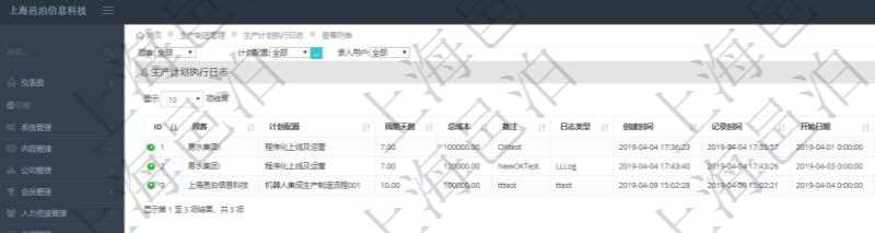 在項目管理軟件MES生產(chǎn)制造管理系統(tǒng)中查詢生產(chǎn)計劃執(zhí)行日志列表返回計劃配置、周期天數(shù)、總成本、備注、日志類型、創(chuàng)建時間、記錄時間、開始日期、結(jié)束日期、錄入用戶。