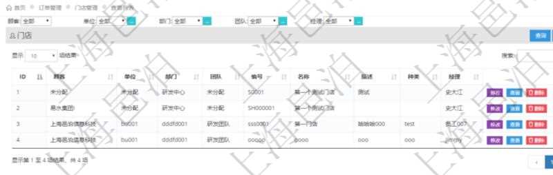 在項(xiàng)目管理軟件里可通過(guò)訂單管理系統(tǒng)查詢(xún)返回門(mén)店列表信息，比如：?jiǎn)挝?、部門(mén)、團(tuán)隊(duì)、編號(hào)、名稱(chēng)、描述、種類(lèi)及門(mén)店經(jīng)理。