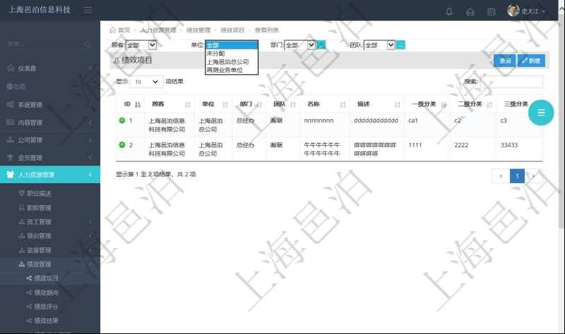 在項目管理軟件中，人力資源績效最多可分為3級分類管理，通過績效項目查詢頁面，用戶可以查到具體績效項目明細(xì)，比如：單位、部門、團(tuán)隊、名稱、描述、一級分類、二級分類、三級分類等。