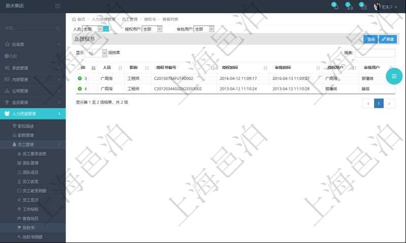 項(xiàng)目管理軟件里，在人力資源管理模塊可以查詢到員工授權(quán)書：人員、職稱、授權(quán)書編號(hào)、授權(quán)時(shí)間、審批時(shí)間、授權(quán)用戶、審批用戶等信息。