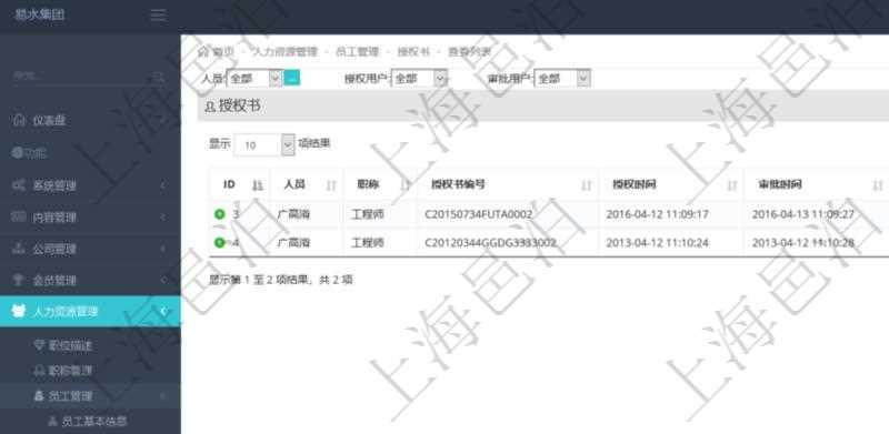 項目管理軟件里，在人力資源管理模塊可以查詢到員工授權(quán)書：人員、職稱、授權(quán)書編號、授權(quán)時間、審批時間、授權(quán)用戶、審批用戶等信息。
