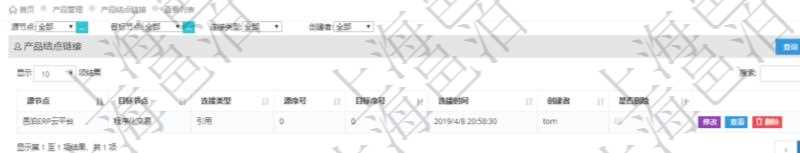 在項(xiàng)目管理軟件里可通過產(chǎn)品管理系統(tǒng)查詢返回產(chǎn)品結(jié)點(diǎn)鏈接列表信息，比如：：源結(jié)點(diǎn)、目標(biāo)結(jié)點(diǎn)、連接類型、源序號、目標(biāo)序號、連接時間、創(chuàng)建者、是否刪除等。