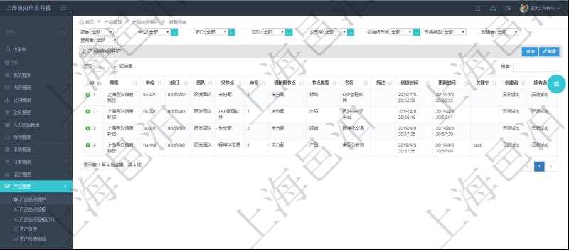 在項目管理軟件里可通過產(chǎn)品管理系統(tǒng)查詢返回產(chǎn)品結(jié)點維護列表信息，比如：：單位、部門、團隊、父節(jié)點、序號、初始根節(jié)點、結(jié)點類型、結(jié)點名稱、描述、創(chuàng)建時間、更新時間、關(guān)鍵字、創(chuàng)建者、擁有者。