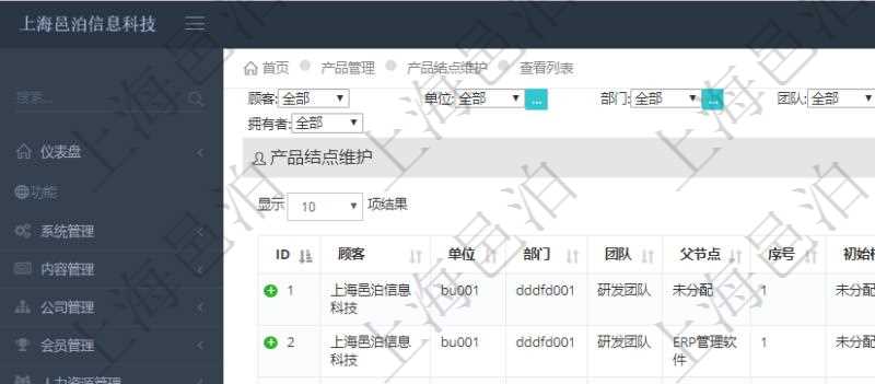 在項(xiàng)目管理軟件里可通過(guò)產(chǎn)品管理系統(tǒng)查詢返回產(chǎn)品結(jié)點(diǎn)維護(hù)列表信息，比如：：?jiǎn)挝弧⒉块T(mén)、團(tuán)隊(duì)、父節(jié)點(diǎn)、序號(hào)、初始根節(jié)點(diǎn)、結(jié)點(diǎn)類型、結(jié)點(diǎn)名稱、描述、創(chuàng)建時(shí)間、更新時(shí)間、關(guān)鍵字、創(chuàng)建者、擁有者。