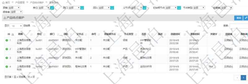 在項(xiàng)目管理軟件里可通過產(chǎn)品管理系統(tǒng)查詢返回產(chǎn)品結(jié)點(diǎn)維護(hù)列表信息，比如：：?jiǎn)挝?、部門、團(tuán)隊(duì)、父節(jié)點(diǎn)、序號(hào)、初始根節(jié)點(diǎn)、結(jié)點(diǎn)類型、結(jié)點(diǎn)名稱、描述、創(chuàng)建時(shí)間、更新時(shí)間、關(guān)鍵字、創(chuàng)建者、擁有者。