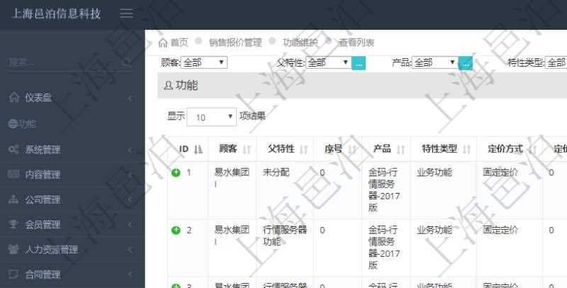 在項目管理軟件銷售報價管理系統(tǒng)中，可通過功能維護來管理每個子功能特性的報價參考，查詢功能維護時可返回字段信息有：父功能特性、序號、產(chǎn)品、特性類型、定價方式、定價參考特性、參考比率、功能編號、功能名稱、功能描述、功能種類、價格、最低價、成本等。