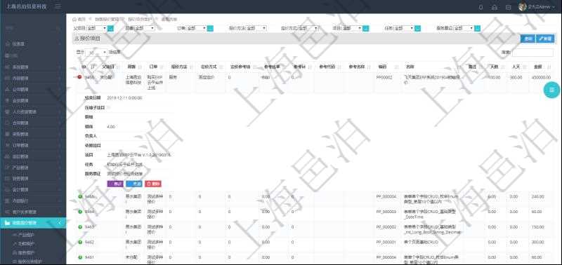 在項目管理軟件銷售報價管理系統(tǒng)中查詢報價項目維護信息后返回報價項目明細：訂單、報價方法、定價方法、定價參考項、參考比率、參考ID、參考代碼、參考名稱、報價編碼、名稱、備注、天數(shù)、人天、金額、數(shù)量、單價、比率、最終報價、開始日期、結(jié)束日期、是否壓縮子項目、報價明細、顯示順序、負責人、依賴項目、項目、任務、服務票證。