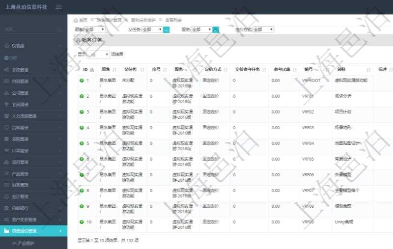 在項目管理軟件銷售報價管理系統(tǒng)中，服務可以通過組合任務來定制裁剪報價，查詢服務任務時返回信息有：父任務、序號、定價方式、定價參考任務、參考比率、服務任務編號、任務名稱、任務描述、任務種類、任務價格、最低價、成本、單價等信息。