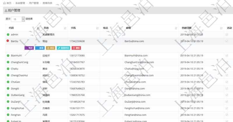 用戶管理查詢可以查到項目管理軟件中的用戶信息列表，包括：用戶登錄代碼、名稱、手機、電話、郵箱、創(chuàng)建日期、激活狀態(tài)等?？梢詫τ脩暨M行修改、查看、鎖定、解鎖、重置密碼和刪除等操作。
