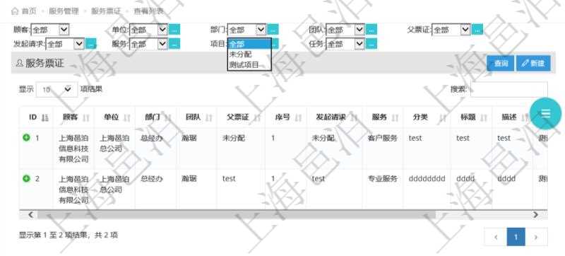 項目管理軟件通過服務(wù)票證跟蹤和管理服務(wù)工作流程。通過查詢服務(wù)票證頁面可以查詢得到服務(wù)票證詳細列表，列表內(nèi)容包括：單位、部門、團隊、父票證、序號、發(fā)起請求、服務(wù)、分類、標題、描述等。
