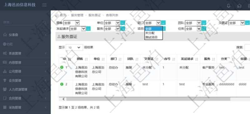 項(xiàng)目管理軟件通過服務(wù)票證跟蹤和管理服務(wù)工作流程。通過查詢服務(wù)票證頁面可以查詢得到服務(wù)票證詳細(xì)列表，列表內(nèi)容包括：單位、部門、團(tuán)隊(duì)、父票證、序號、發(fā)起請求、服務(wù)、分類、標(biāo)題、描述等。