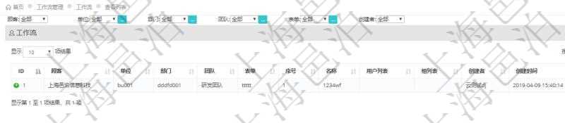在項目管理軟件工作流管理系統(tǒng)查詢工作流列表返回單位、部門、團隊、表單、序號、名稱、用戶列表、組列表、創(chuàng)建者、創(chuàng)建時間、激活狀態(tài)。