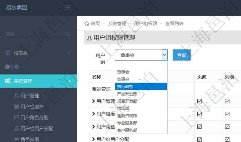 可通過勾選設(shè)置用戶組中用戶訪問系統(tǒng)功能模塊的權(quán)限，比如每個(gè)頁面的功能使用、列表查詢、明細(xì)查看、新建、更新、刪除等操作權(quán)限，也可以針對(duì)每個(gè)功能特定的操作和業(yè)務(wù)流程設(shè)置權(quán)限，比如：用戶管理的導(dǎo)入用戶與導(dǎo)出表格功能。