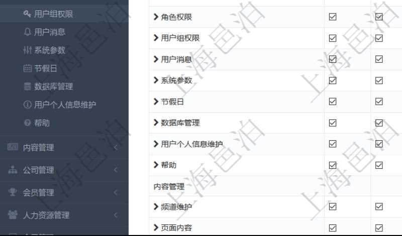 可通過勾選設(shè)置用戶組中用戶訪問系統(tǒng)功能模塊的權(quán)限，比如每個(gè)頁面的功能使用、列表查詢、明細(xì)查看、新建、更新、刪除等操作權(quán)限，也可以針對(duì)每個(gè)功能特定的操作和業(yè)務(wù)流程設(shè)置權(quán)限，比如：用戶管理的導(dǎo)入用戶與導(dǎo)出表格功能。