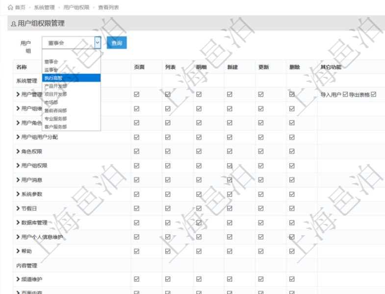 可通過(guò)勾選設(shè)置用戶(hù)組中用戶(hù)訪問(wèn)系統(tǒng)功能模塊的權(quán)限，比如每個(gè)頁(yè)面的功能使用、列表查詢(xún)、明細(xì)查看、新建、更新、刪除等操作權(quán)限，也可以針對(duì)每個(gè)功能特定的操作和業(yè)務(wù)流程設(shè)置權(quán)限，比如：用戶(hù)管理的導(dǎo)入用戶(hù)與導(dǎo)出表格功能。