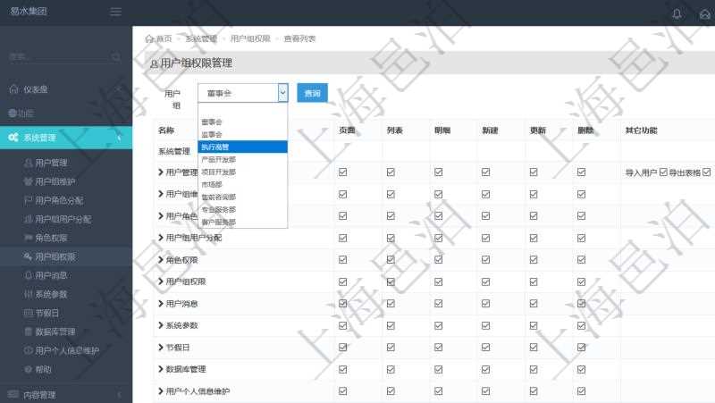 可通過勾選設(shè)置用戶組中用戶訪問系統(tǒng)功能模塊的權(quán)限，比如每個(gè)頁面的功能使用、列表查詢、明細(xì)查看、新建、更新、刪除等操作權(quán)限，也可以針對(duì)每個(gè)功能特定的操作和業(yè)務(wù)流程設(shè)置權(quán)限，比如：用戶管理的導(dǎo)入用戶與導(dǎo)出表格功能。
