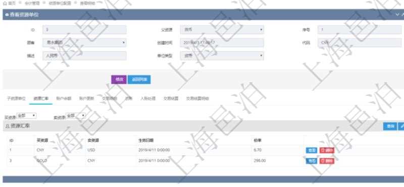 項目管理軟件會計管理模塊資源單位維護(hù)查詢還可以關(guān)聯(lián)查詢更多相關(guān)資料，比如資源匯率：買資源、賣資源、生效日期、價格匯率。